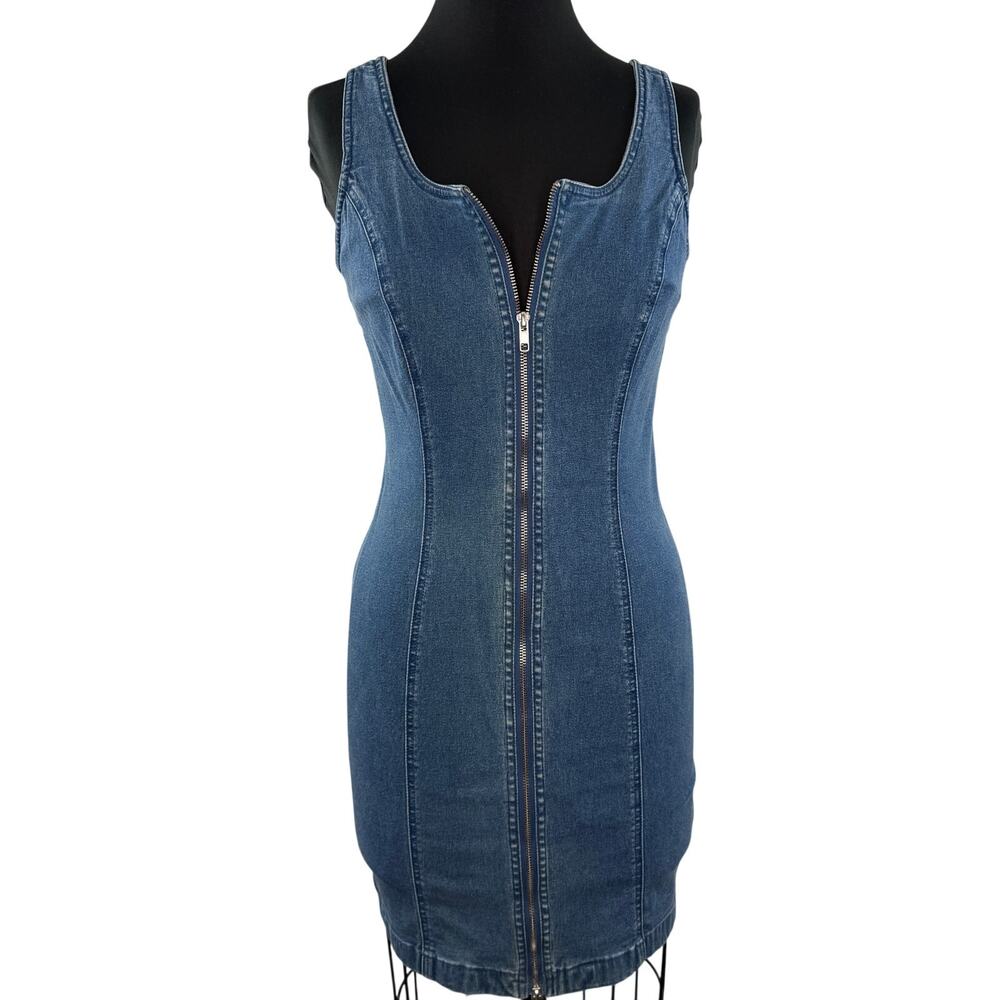 Vintage Y2k 90's RB Rainbow Collection Blue Bodycon Dress Denim Full Zip Sz 6 S